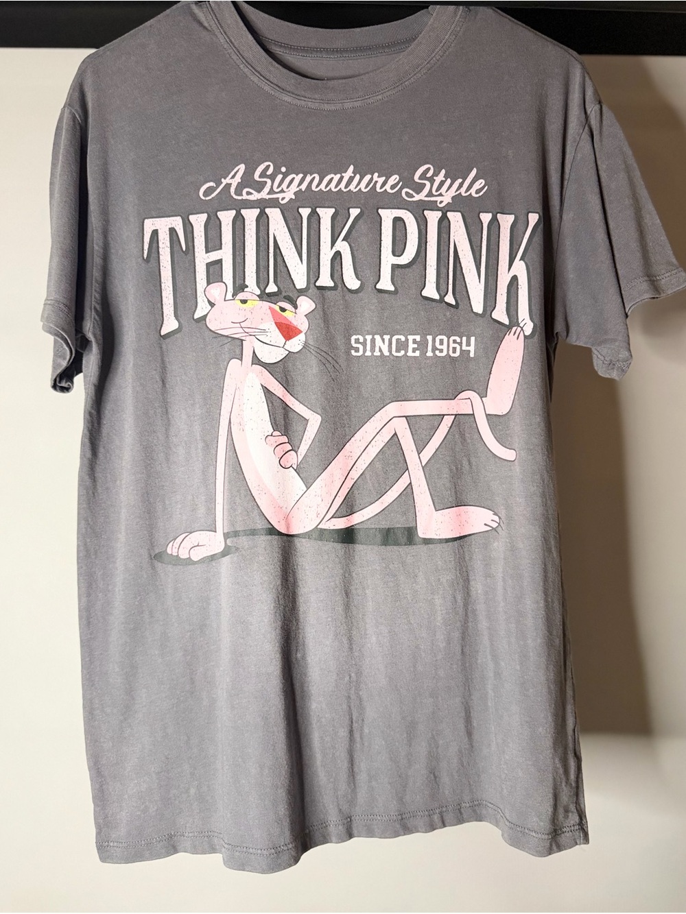Think Pink Graphic Tee - Gray with Pink Panther Design
